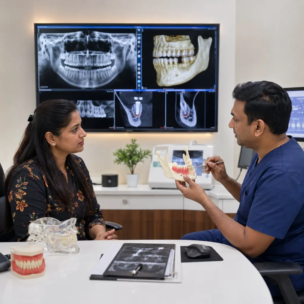 An Indian woman learning the bone grafting procedure before dental implant treatment.