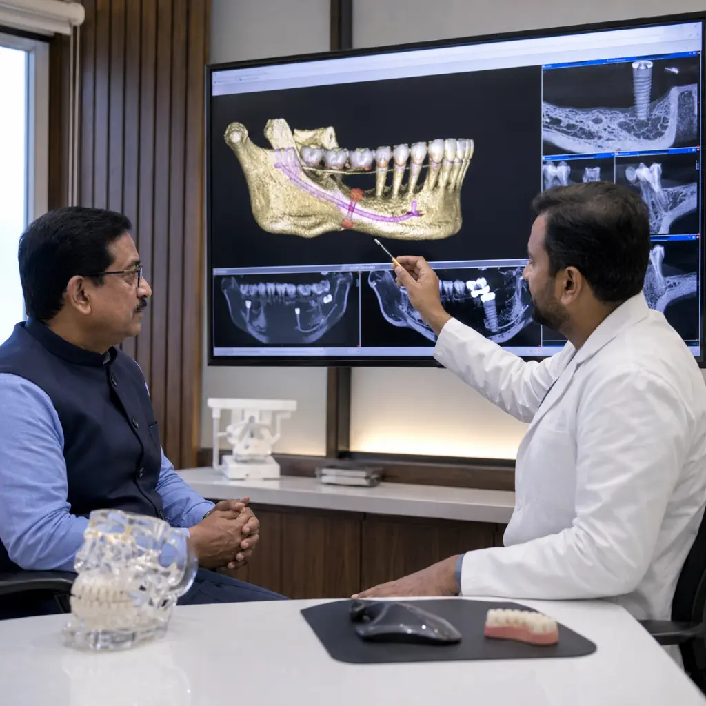 An Indian professor reviewing CBCT scans for personalized dental implant planning