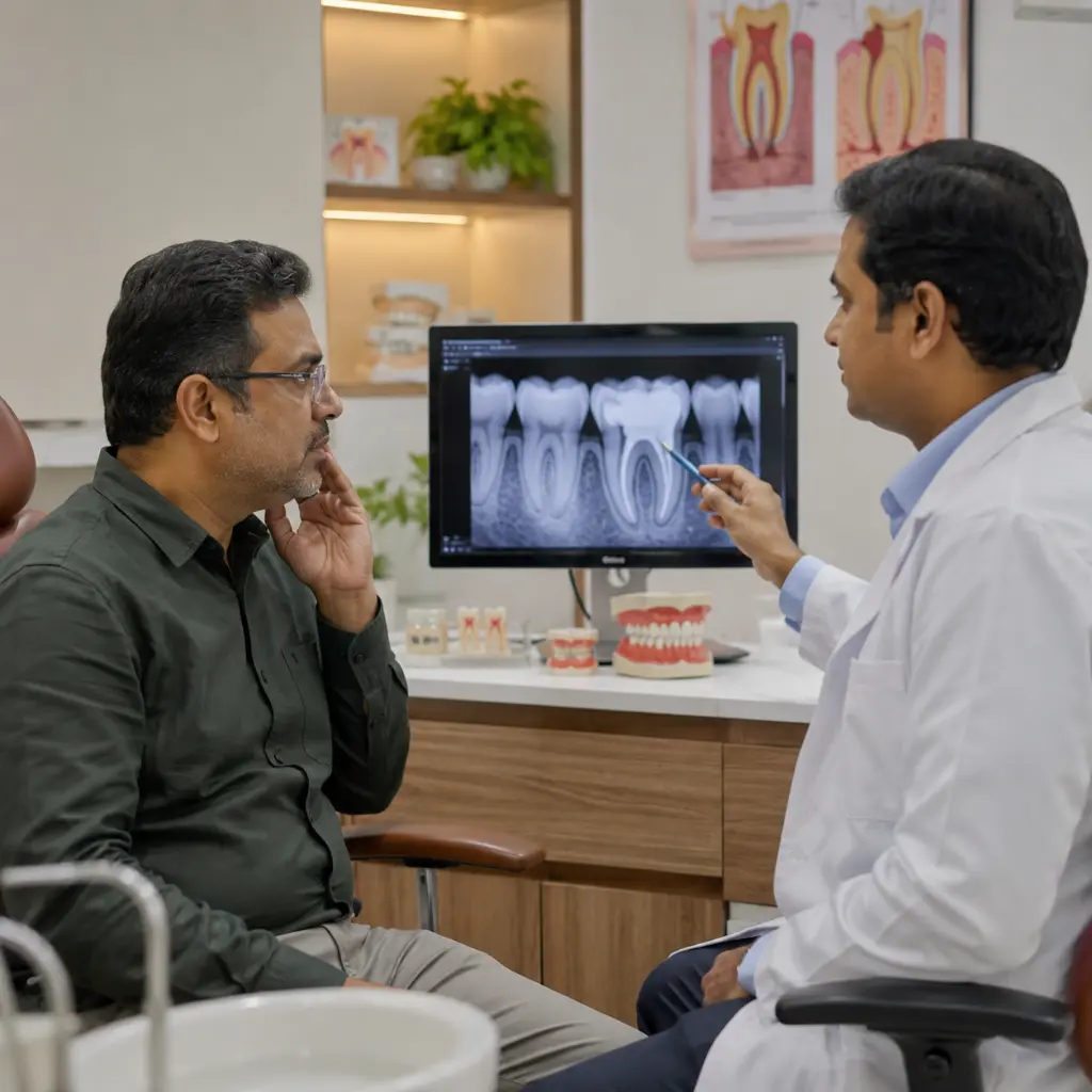 A dentist explaining an infected tooth using a digital X-ray to the patient.