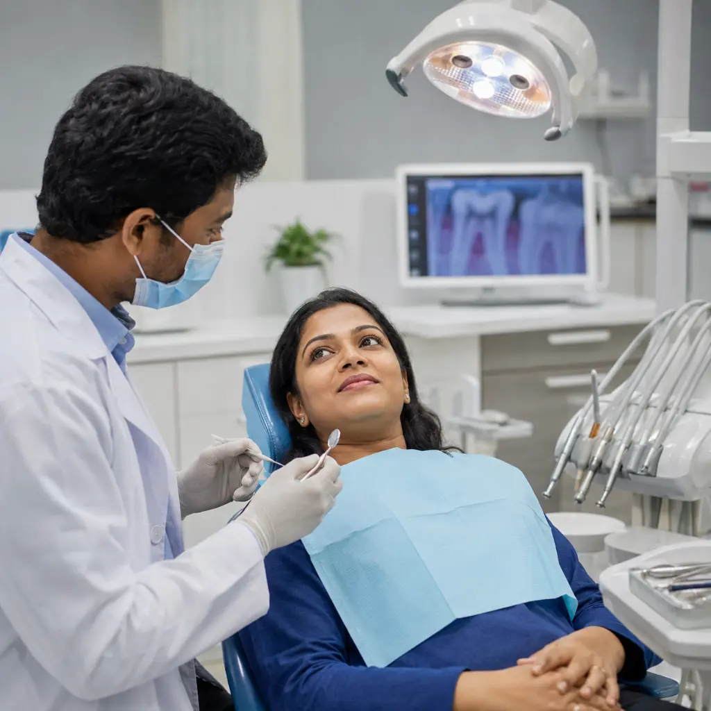 Senior Indian patient reassured before root canal consultation and treatment.