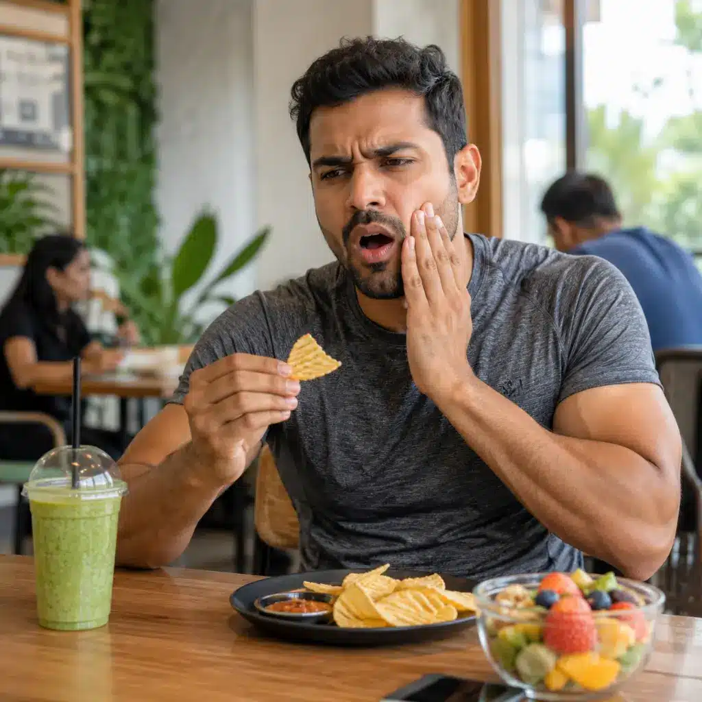 Indian fitness trainer experiences sharp tooth pain while eating snack.
