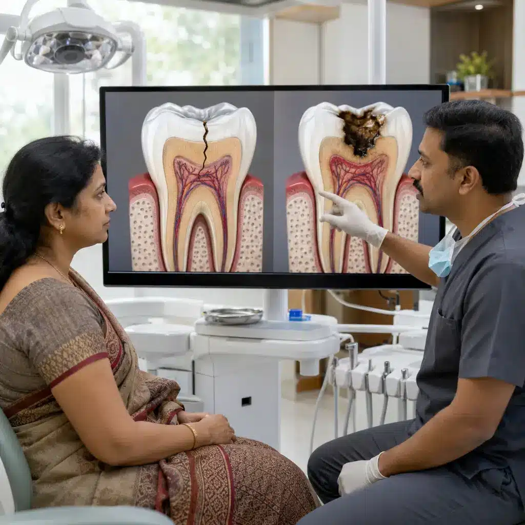 Indian dentist explains cracked tooth and decay using digital display.
