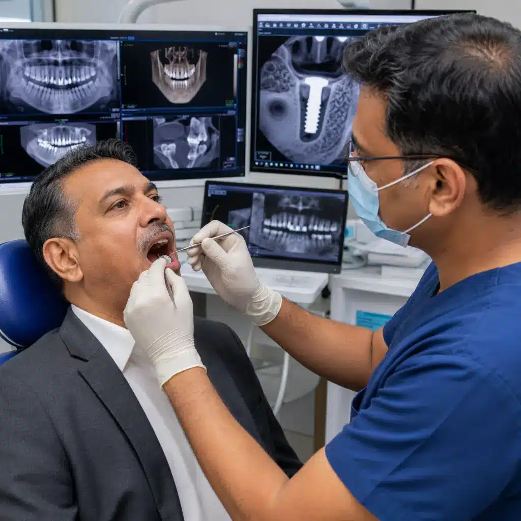 An Indian dentist examining a dental implant while reviewing digital diagnostic scans