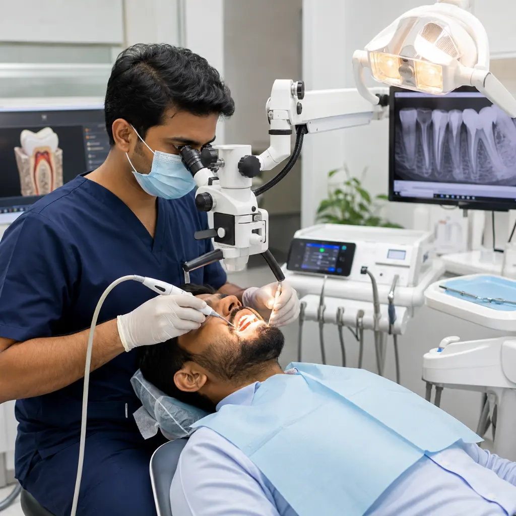 Indian dentist performing single sitting root canal using advanced equipment