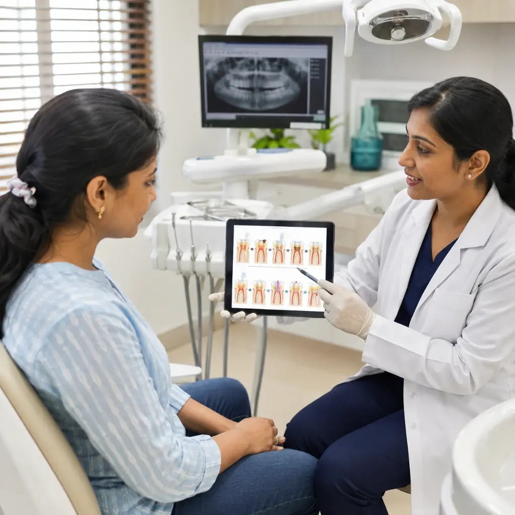Indian senior patient attending root canal follow-up with dentist consultation