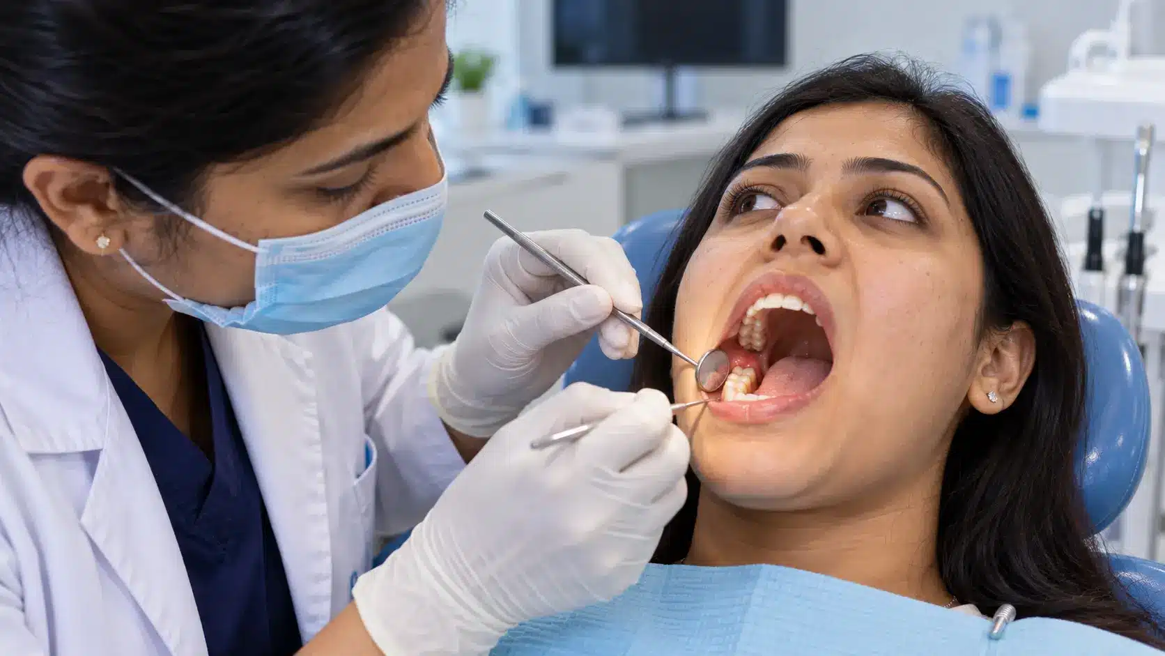 Dentist checking swollen gum around patient’s partially erupted wisdom tooth.