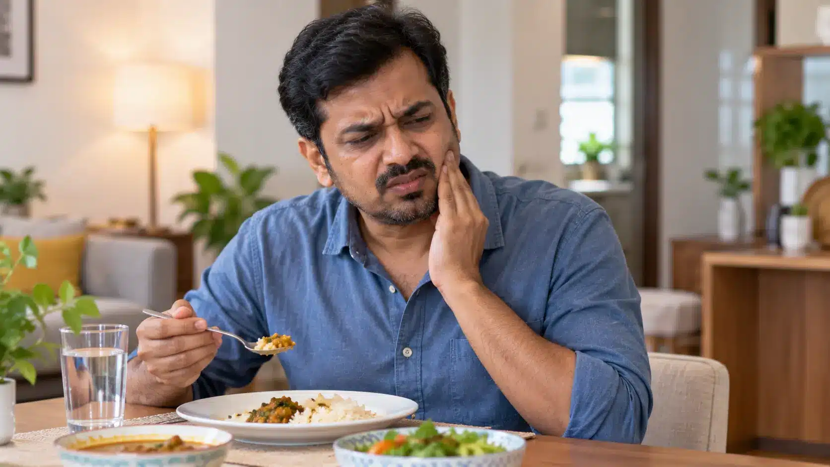 Man experiencing pain around his back teeth while chewing food.