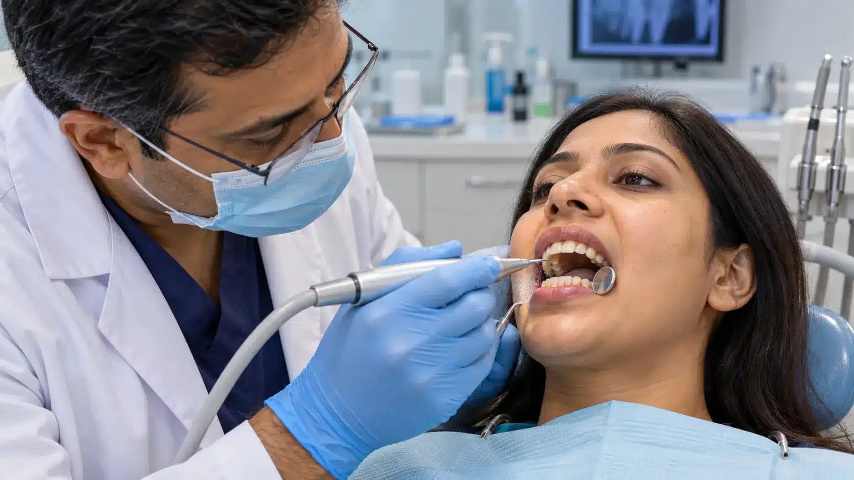 Dentist professionally cleaning yellow surface stains from patient’s natural teeth.