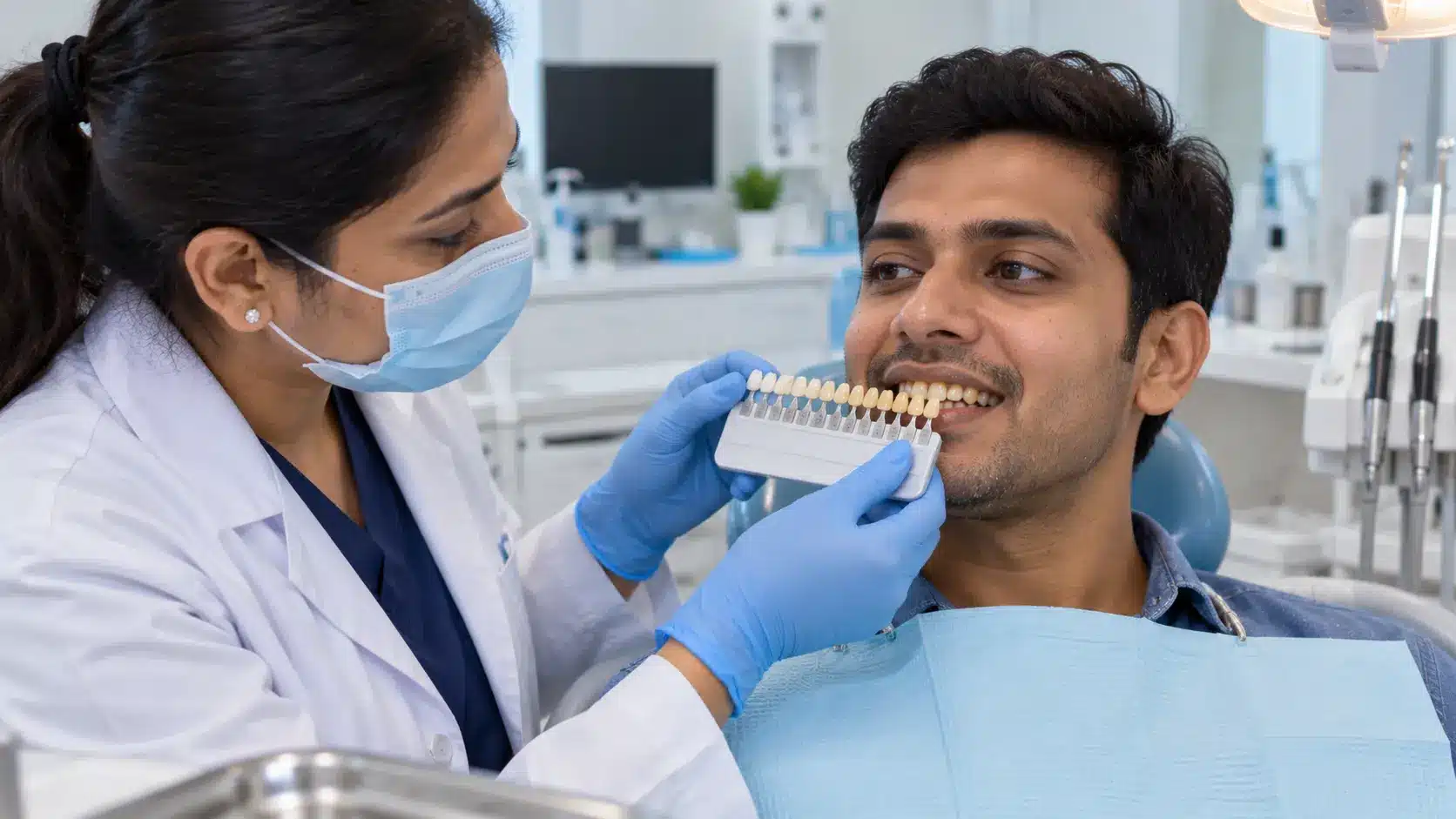 Dentist comparing yellow teeth with shade guide before whitening treatment.