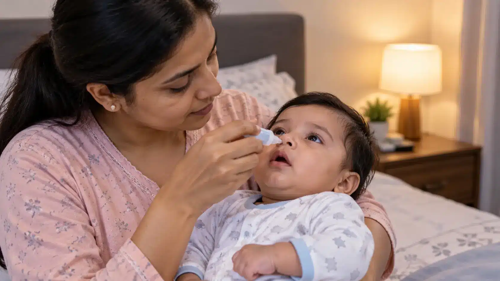 Mother using saline drops to relieve her baby’s nasal congestion.