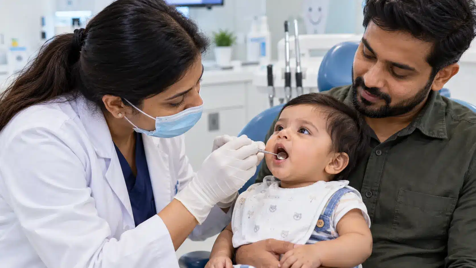 Dentist examining baby’s mouth, teeth and jaw development during checkup.