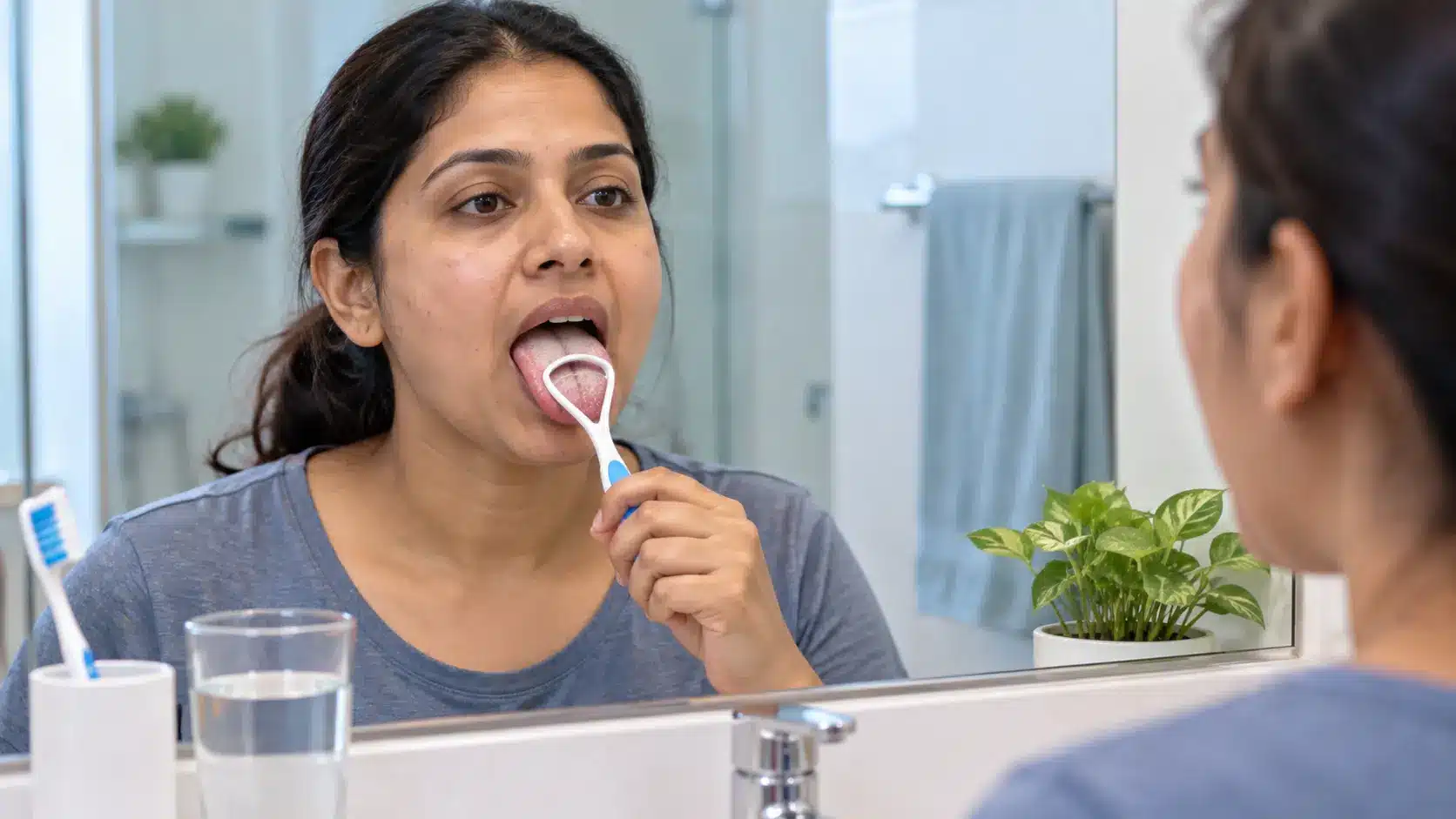 Woman gently cleaning white tongue coating using a tongue scraper.