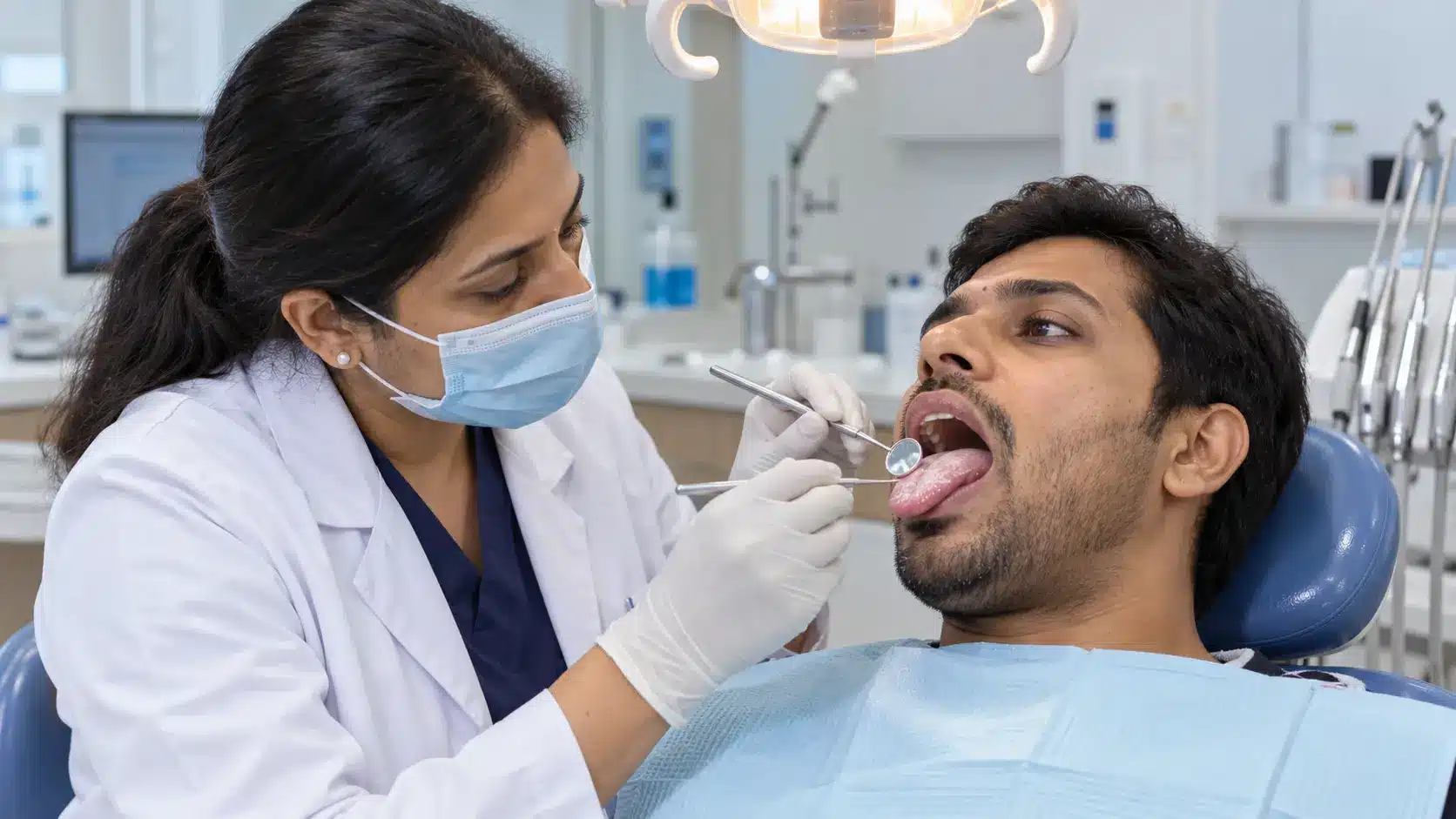 Dentist checking persistent white patches on patient’s tongue during examination.