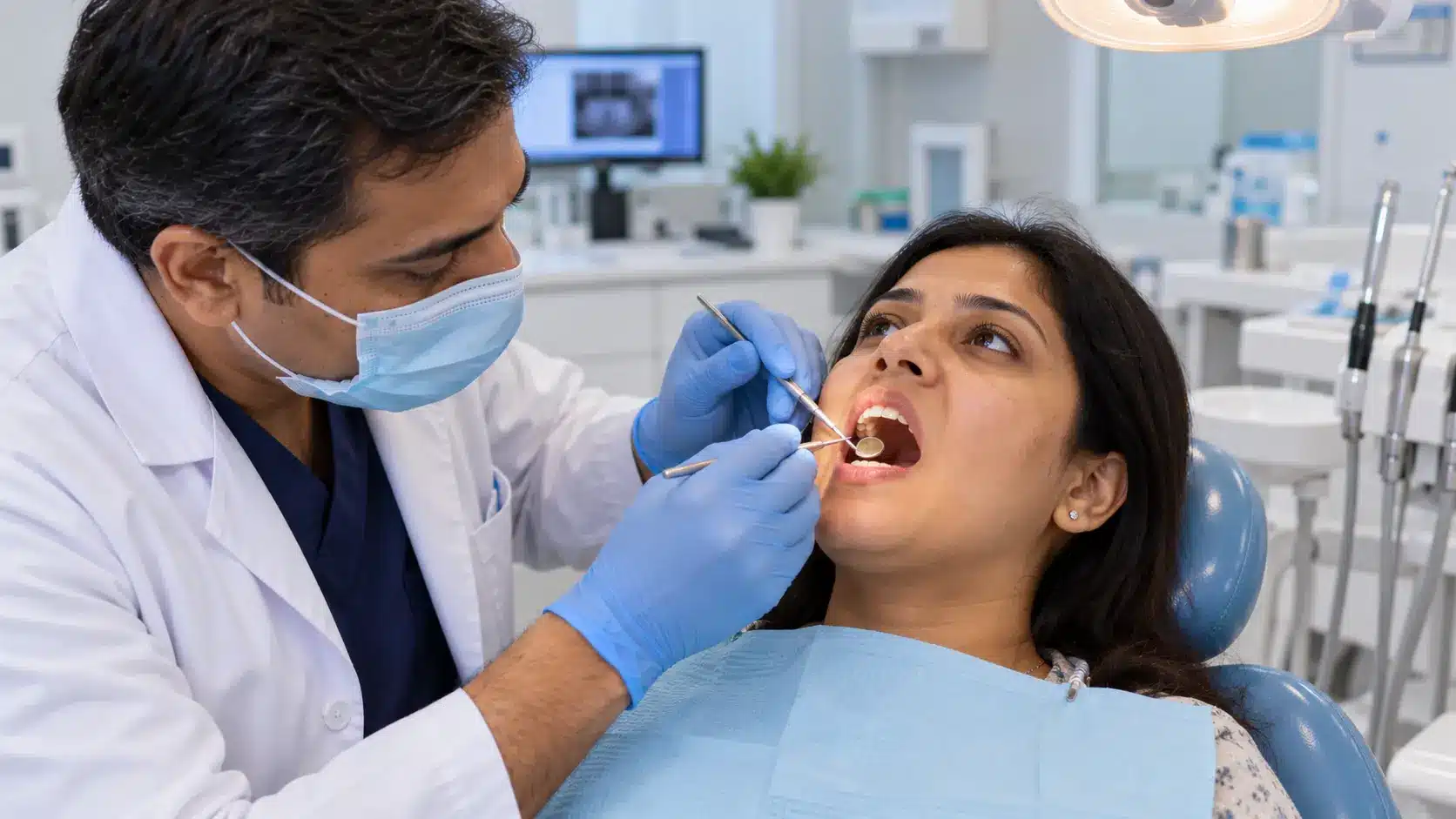 Dentist examining teeth and gums for persistent bitter taste causes.