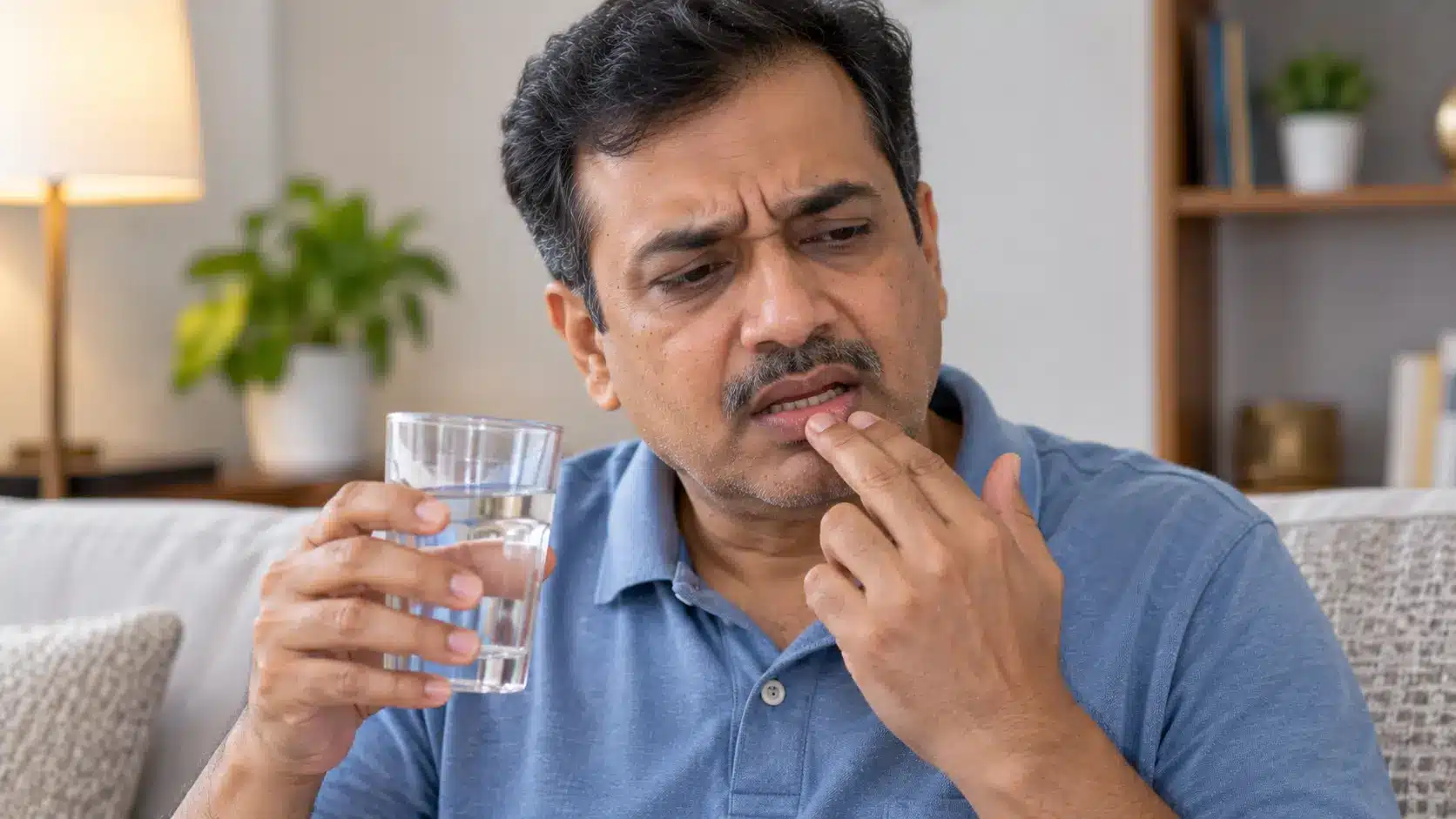 Man drinking water to relieve dry mouth and bitter taste.
